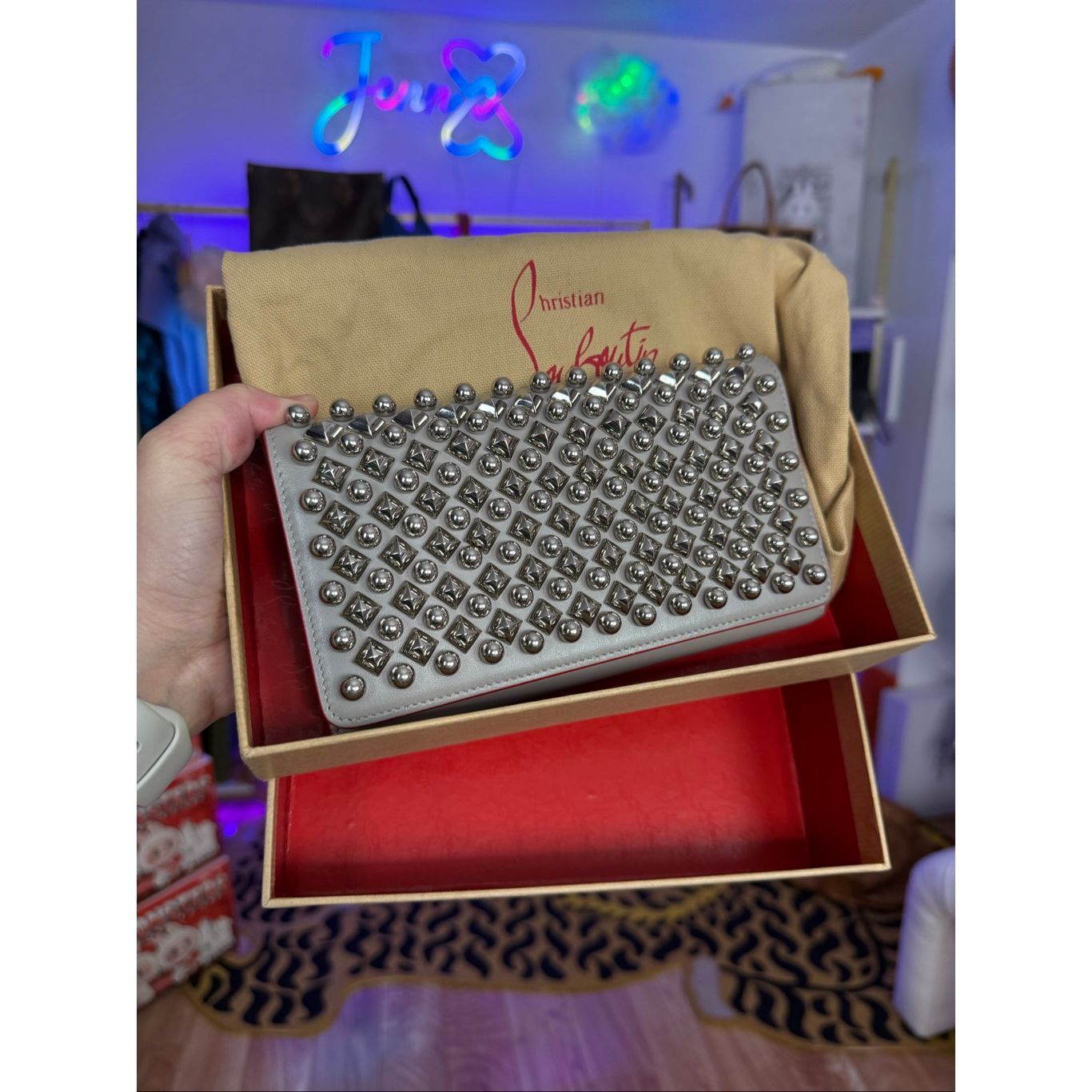 Rare Christian Louboutin Gray Leather Silver Stud Wristlet Clutch Bag Full Set